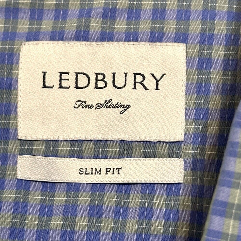 Ledbury Shirt Mens Size XL Blue Green Check 100% Cotton Casual Button Up Slim - Picture 4 of 9